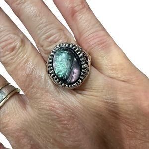 Antique Silver with Iridescent Oval Gray Green Stone Ring